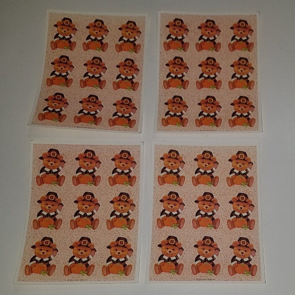 VTG Hallmark Teddy Bear Pilgrim Pumpkin Thanksgiving Stickers ~ Lot of 4 Sheets